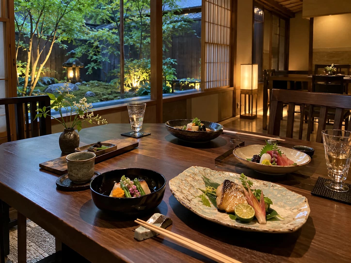 AI-generated sample guest photo: refined Japanese dishes in a warm dining room overlooking a courtyard garden