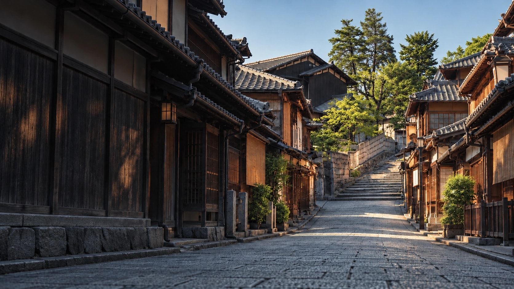 A Kyoto street with shadowed wooden houses, sunlit stone steps and green spring trees